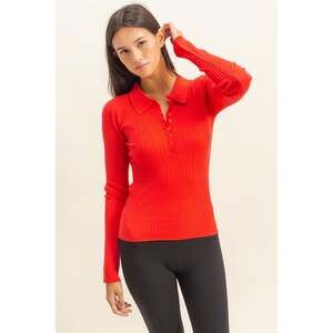 Red Ribbed Long Sleeve Academia Half Button Coastal Polo Knit Fitted Y2K Sweater